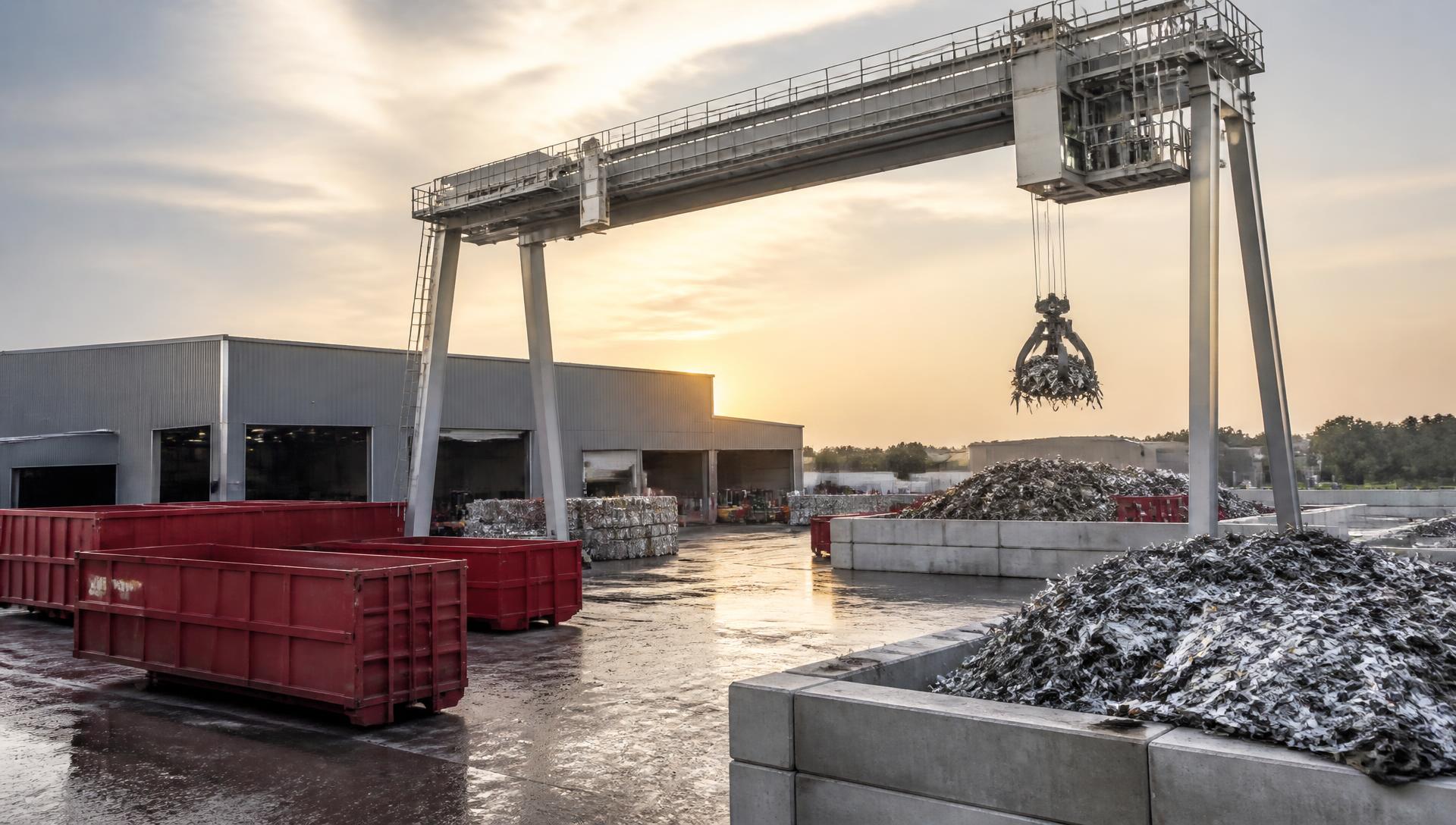 Modernes Metallrecycling mit Kran und sortierten Wertstoffen