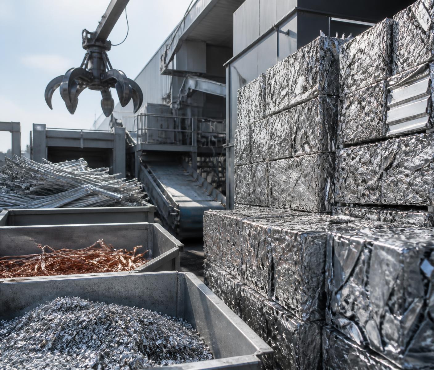 Sortierte und gepresste Metalle in einer modernen Recyclinganlage